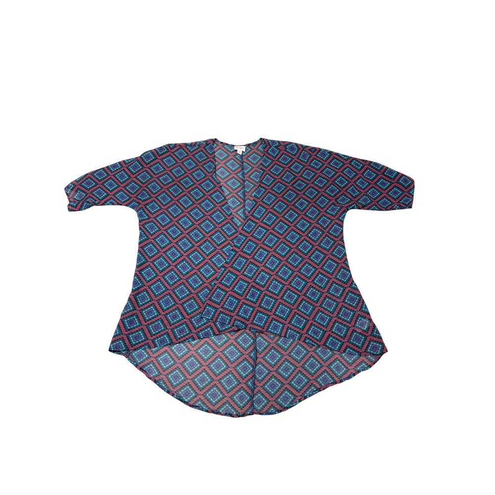LuLaRoe Lindsay Kimono Cardigan Medium Blue Geometric Diamond High Low Wrap